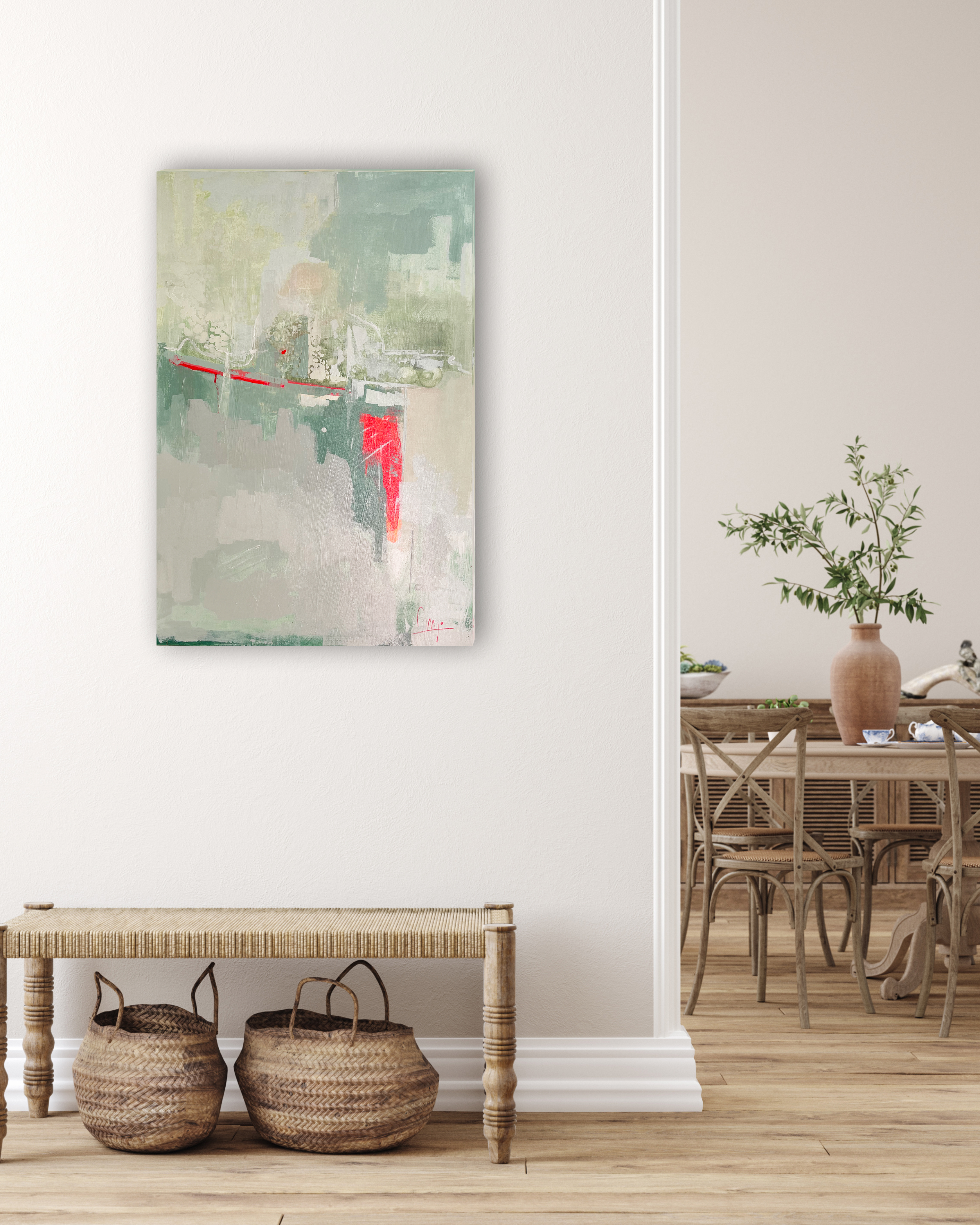 Cuadro GUZMANIA – obra abstracta en tonos verdes con toque naranja, 90×60 cm