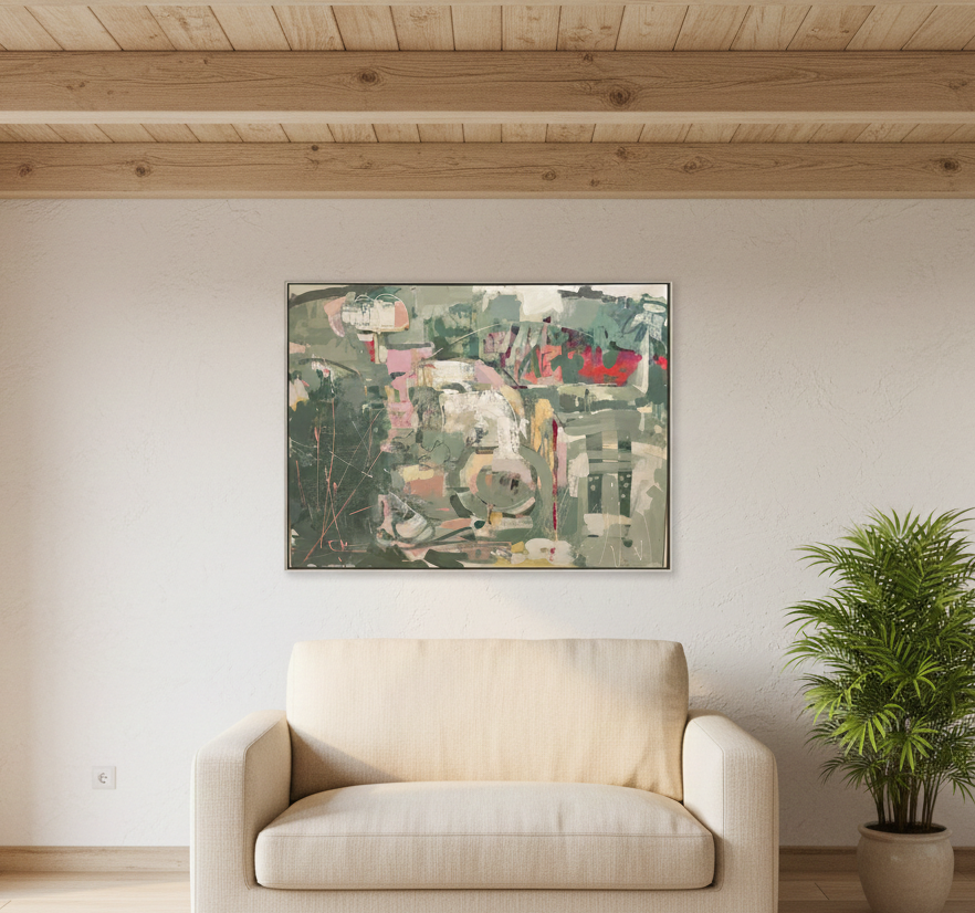 Cuadro MY HOME – obra abstracta gran formato en tonos verdes, 130×160 cm