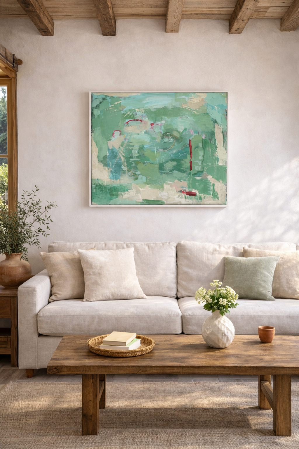 Cuadro WIND – obra abstracta en tonos verdes y blancos, 90×110 cm