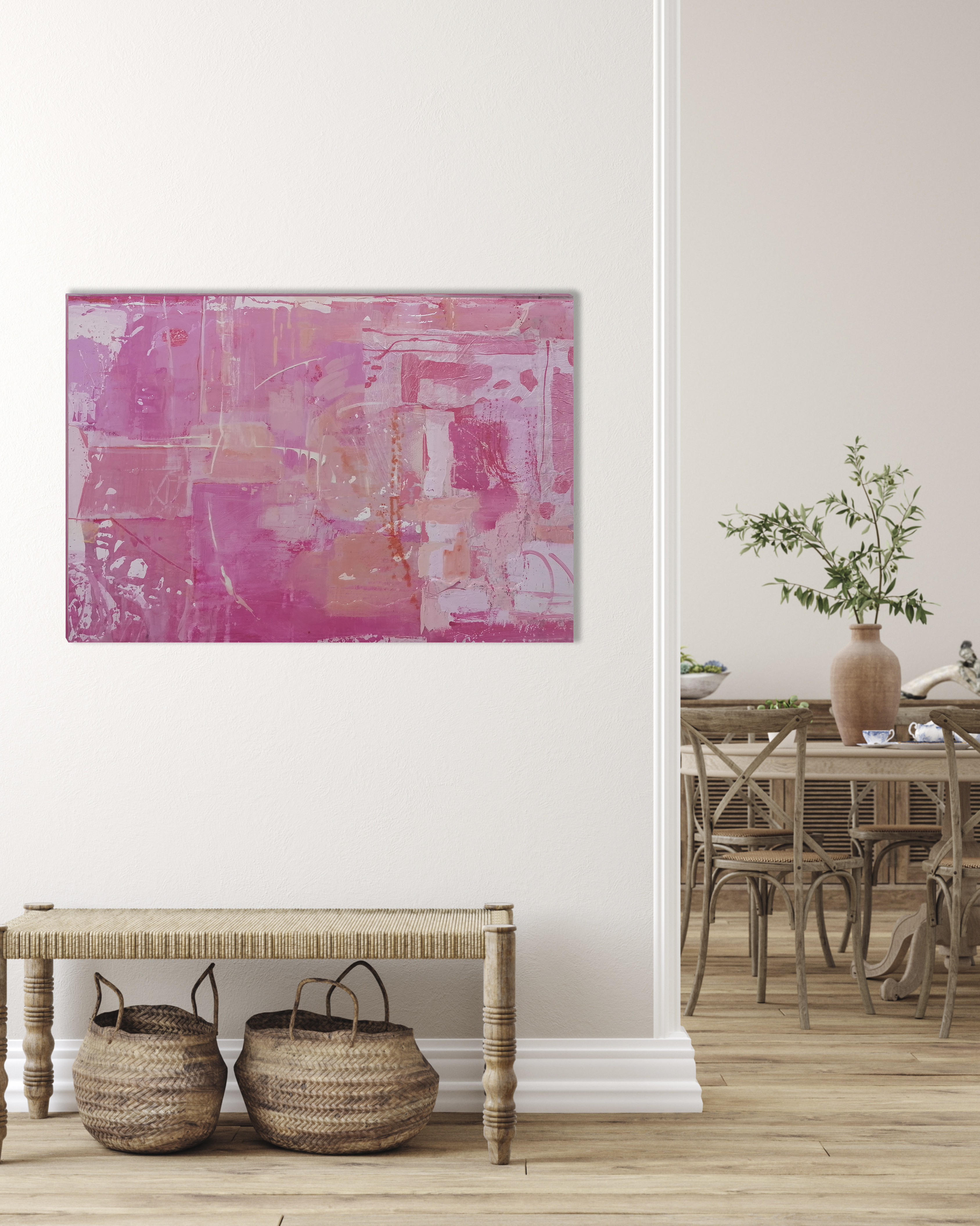 Cuadro ZINNIA – obra abstracta en tonos rosados, 50×70 cm